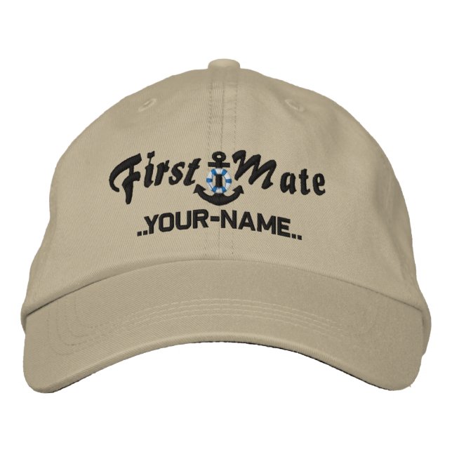 Personalized First Mate Lifesaver Anchor Black Embroidered Hat (Front)