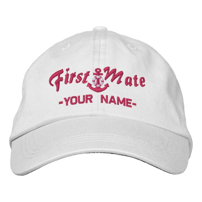 Personalized First Mate Lifesaver Anchor Fuchsia Embroidered Hat (Front)