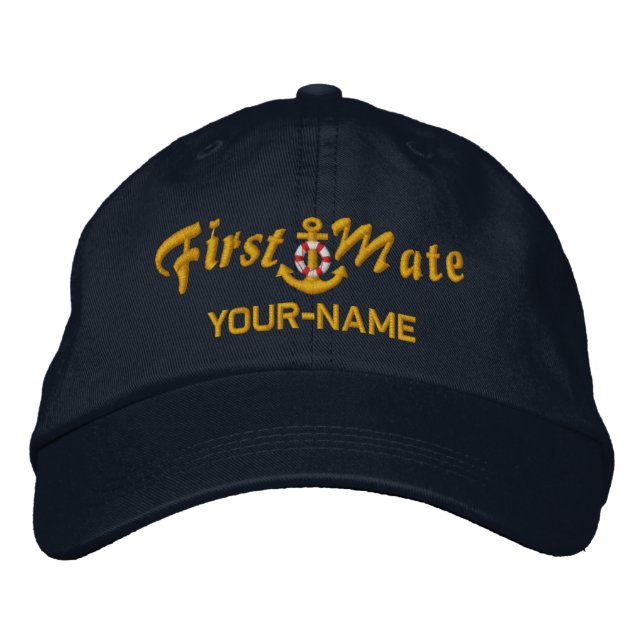 Personalized First Mate Lifesaver Anchor Golden Embroidered Hat (Front)