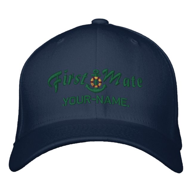Personalized First Mate Lifesaver Anchor Green Embroidered Hat (Front)