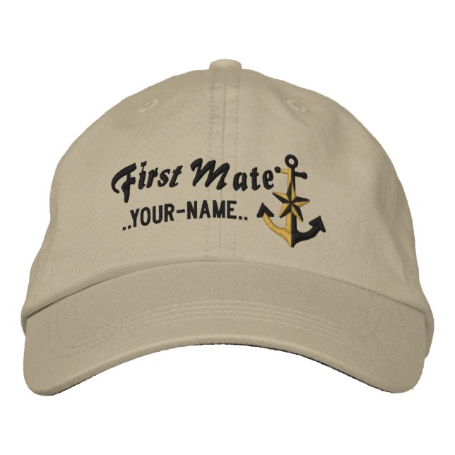 Personalized First Mate Nautical Anchor Black Embroidered Hat (Front)