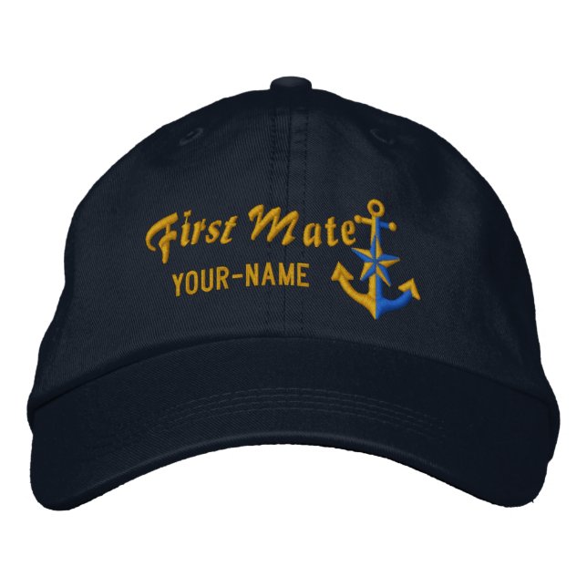 Personalized First Mate Nautical Anchor Golden Embroidered Hat (Front)