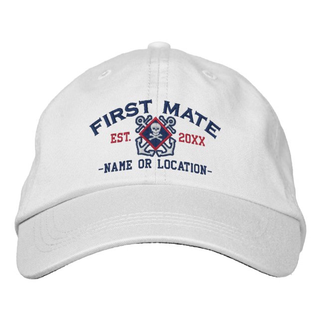 Personalized First Mate Nautical Crossbones Skull Embroidered Hat (Front)