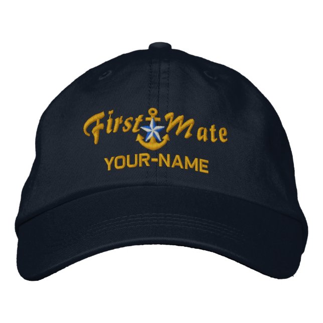 Personalized First Mate Star Anchor Golden Embroidered Hat (Front)