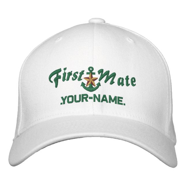 Personalized First Mate Star Anchor Green Embroidered Hat (Front)