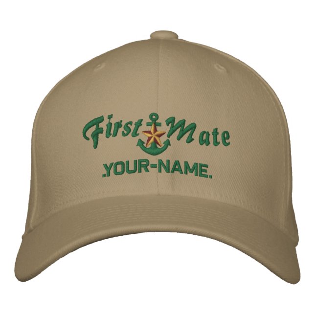 Personalized First Mate Star Anchor Green Embroidered Hat (Front)