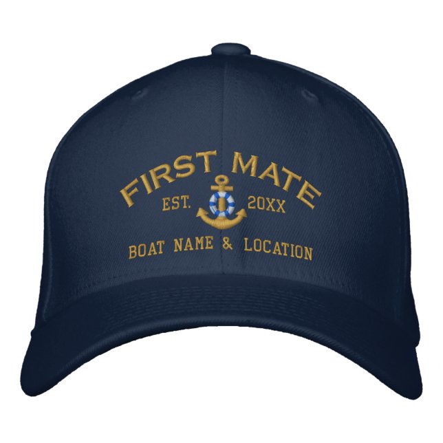 Personalized First Mate YEAR and Names Nautical Embroidered Hat (Front)