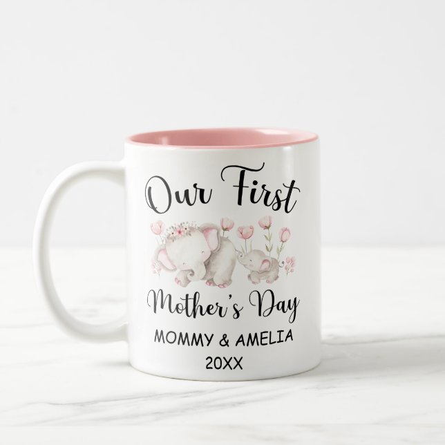 Personalized First Mothers Day 2023, Custom Names Two-Tone Coffee Mug (Left)