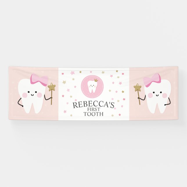 Personalized First Tooth girl party decoration. Banner (Horizontal)