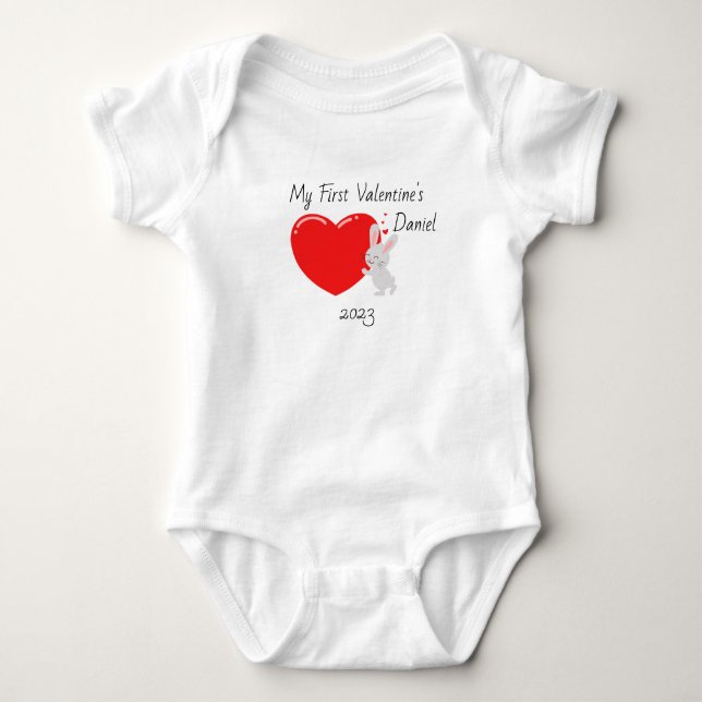 Personalized First Valentines Red Rabbit  Baby Bodysuit (Front)