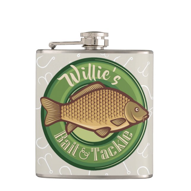 Personalized Fish and Tackle Shop Fishing Angler Hip Flask (Front)