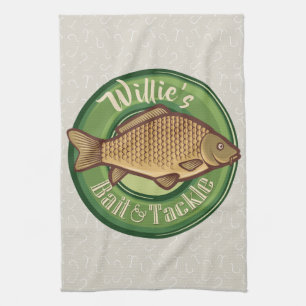 Personalized Fish and Tackle Shop Fishing Angler Kitchen Towel