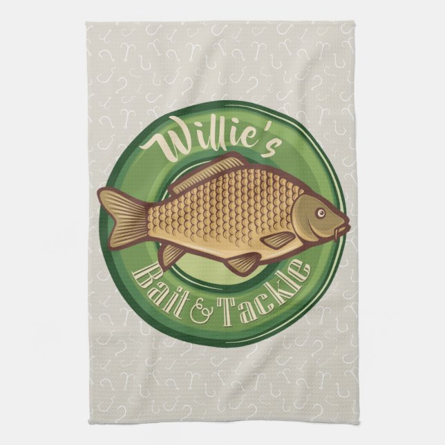 Personalized Fish and Tackle Shop Fishing Angler Kitchen Towel (Vertical)