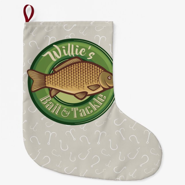 Personalized Fish and Tackle Shop Fishing Angler Large Christmas Stocking (Front)