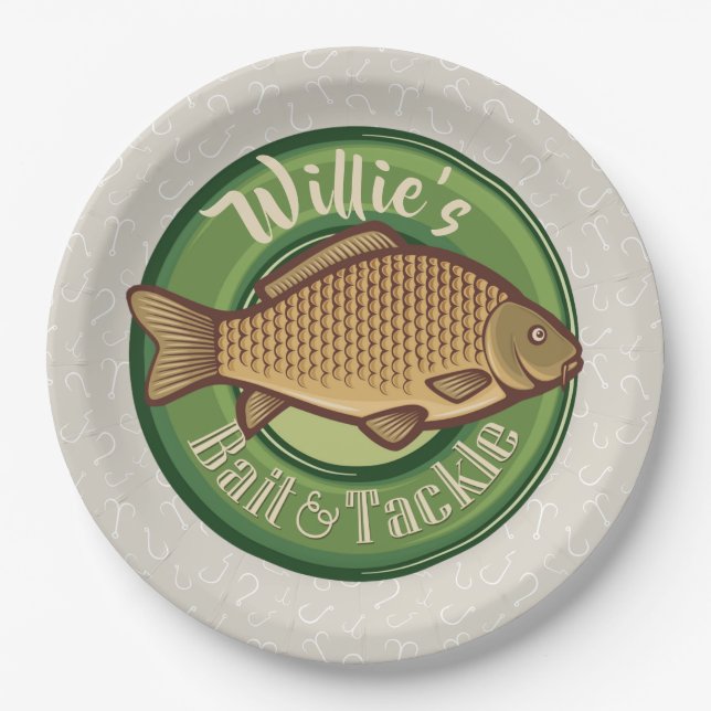 Personalized Fish and Tackle Shop Fishing Angler Paper Plate (Front)