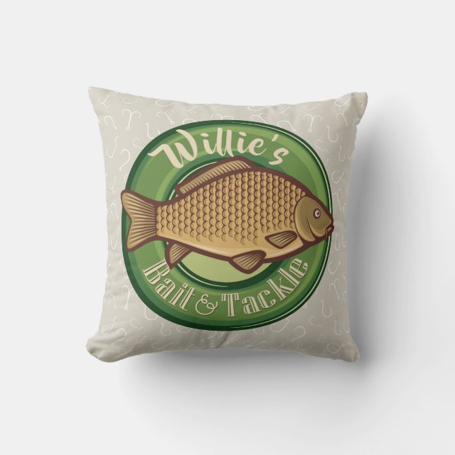 Personalized Fish and Tackle Shop Fishing Angler Throw Pillow (Front)