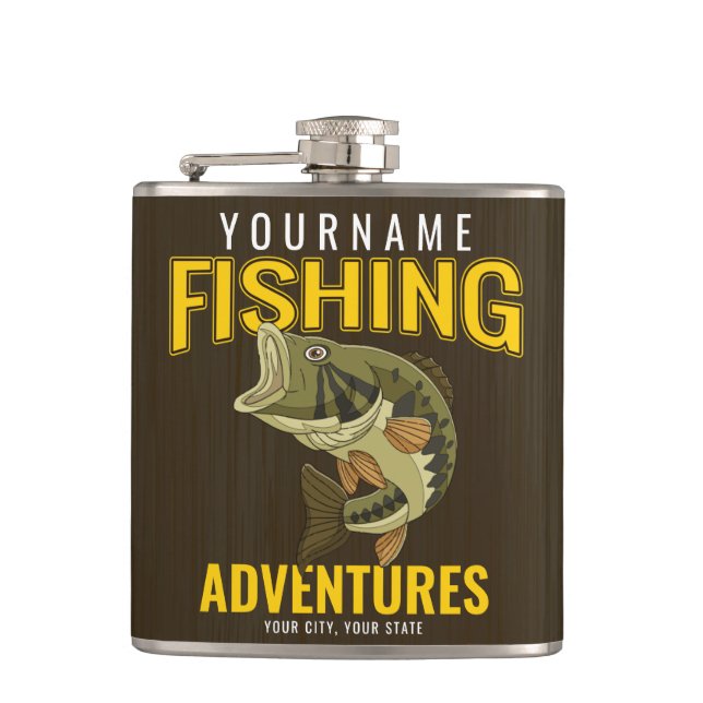 Personalized Fishing Adventures Bass Fish Angler Hip Flask (Front)