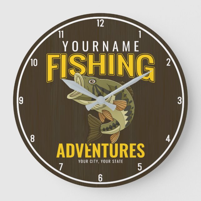 Personalized Fishing Adventures Bass Fish Angler Large Clock (Front)