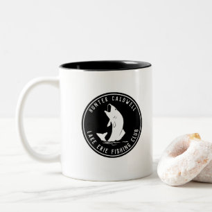 Personalized fishing emblem black and w Two-Tone coffee mug