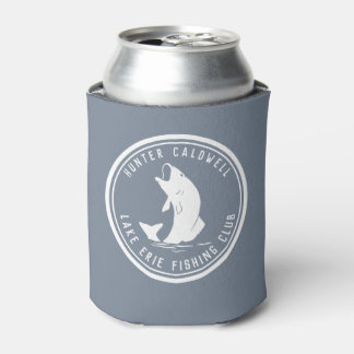 Personalized fishing emblem dusty blue can cooler