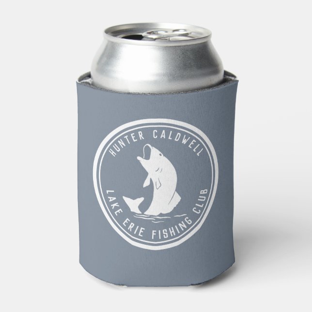 Personalized fishing emblem dusty blue can cooler (Can Front)