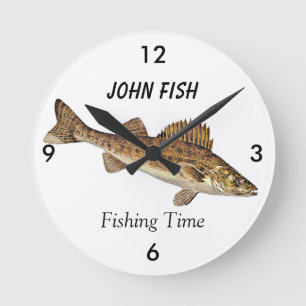 Personalized "Fishing Time" With Walleye Pike Round Clock