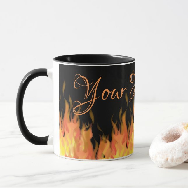 Personalized Flames Black & Orange Mug (With Donut)