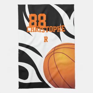 Personalized Flaming Basketball Black and White Kitchen Towel