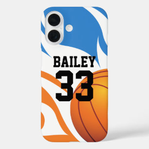 Personalized Flaming Basketball Blue and Orange iPhone 16 Case