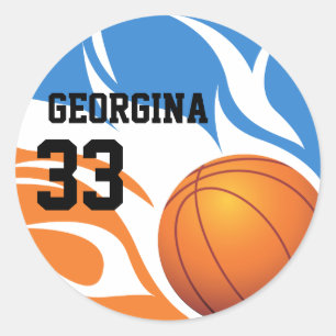 Personalized Flaming Basketball Blue and Orange Classic Round Sticker