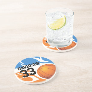 Personalized Flaming Basketball Blue and Orange Coaster