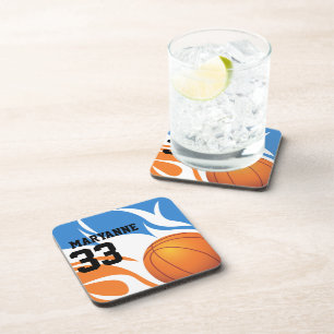 Personalized Flaming Basketball Blue and Orange Coaster