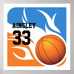 Personalized Flaming Basketball Blue and Orange Poster