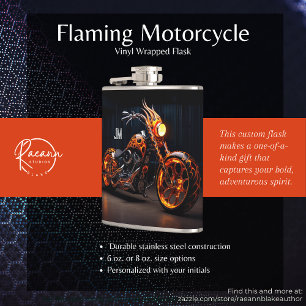 Personalized Flaming Motorcycle Vinyl Wrapped  Hip Flask