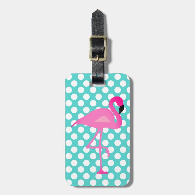 Personalized Flamingo and Polka Dot Luggage Tag (Front Vertical)