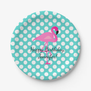Personalized Flamingo and Polka Dots Paper Plate