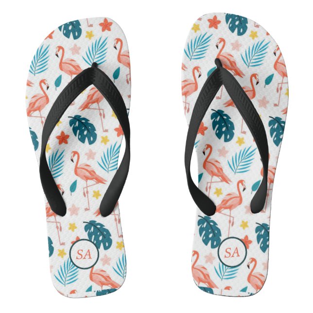 Personalized Flamingo Palm Tree Blue Red Beach Flip Flops (Footbed)