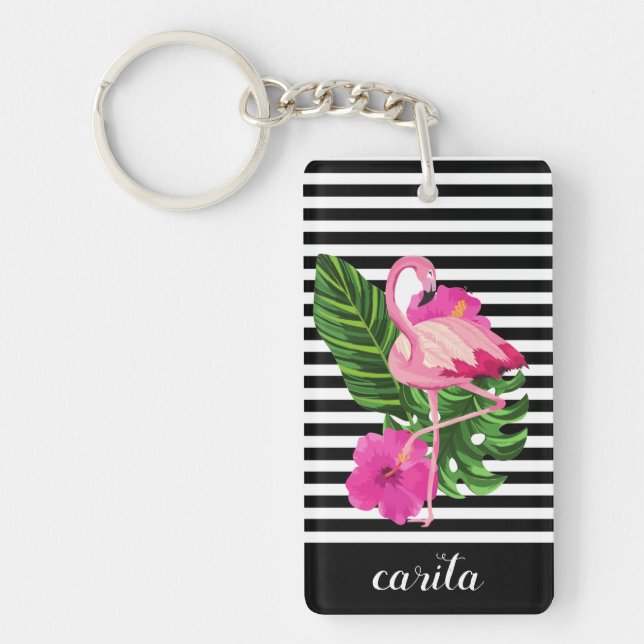 Personalized Flamingo Striped Acrylic Keychain (Front)