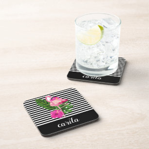 Personalized Flamingo Striped Hard Plastic Coaster
