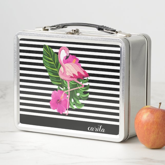 Personalized Flamingo Striped Metal Lunchbox (In Situ)