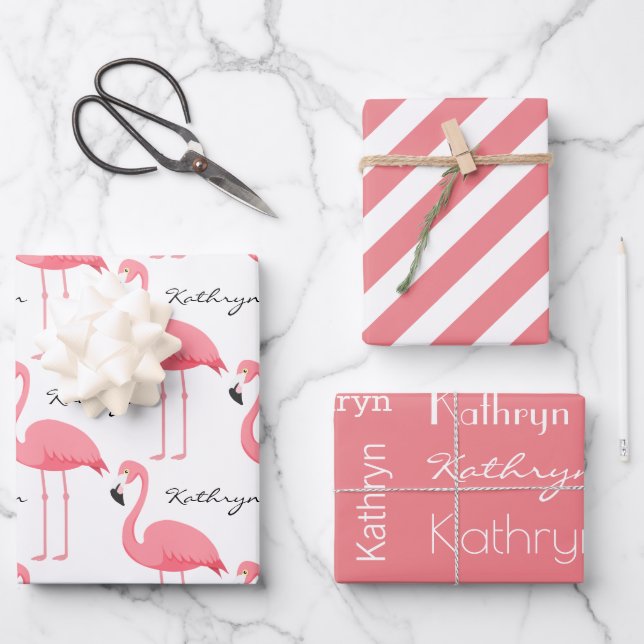 Personalized Flamingos Wrapping Paper Sheet (Front)