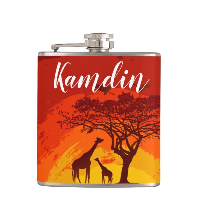 Personalized Flask African Safari Giraffe Sunse (Front)