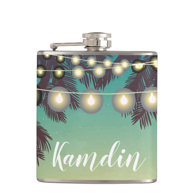 Personalized Flask Beach Sunset Palm Tree String L (Front)