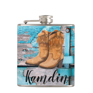 Personalized Flask Blue Wood Barn Door Boots Count