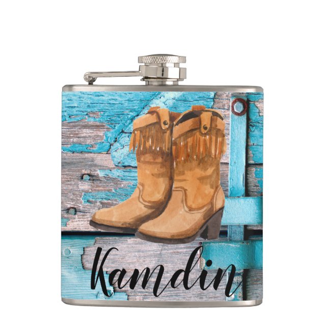 Personalized Flask Blue Wood Barn Door Boots Count (Front)