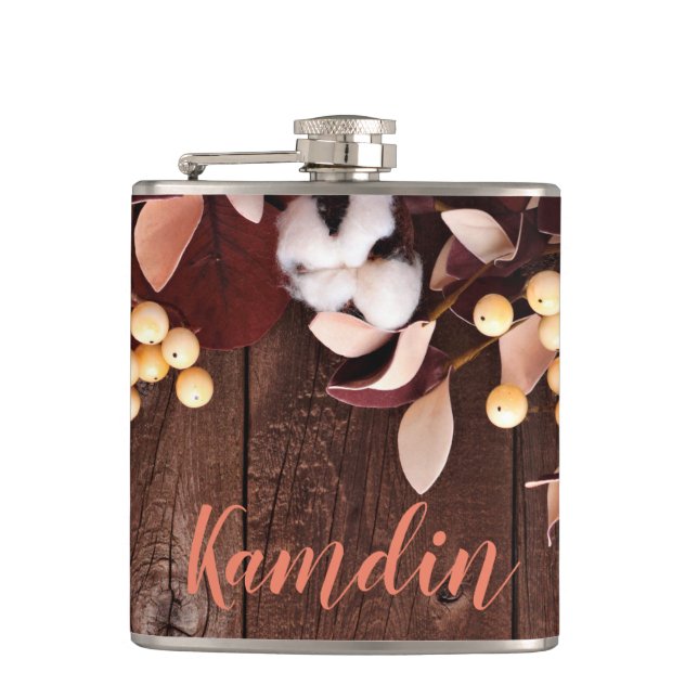Personalized Flask Cotton Branch on Dark Wood Stem (Front)