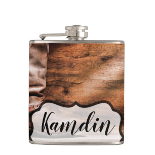 Personalized Flask Cowboy Boots Barn Wood Rustic C