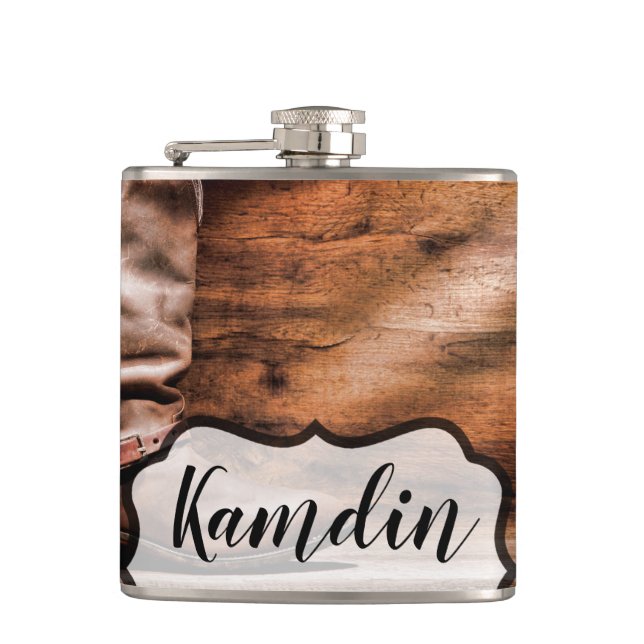 Personalized Flask Cowboy Boots Barn Wood Rustic C (Front)