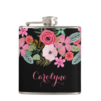 Personalized flask floral black pink Add your name