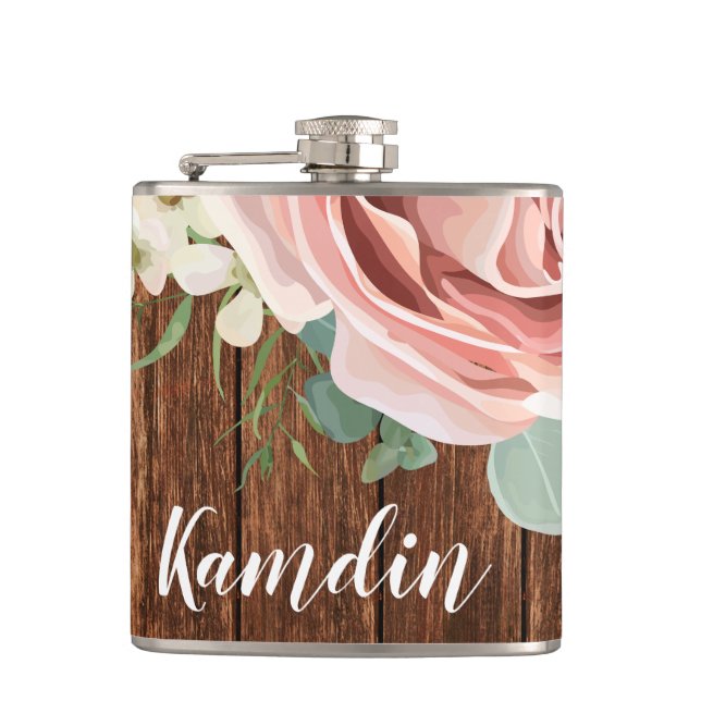 Personalized Flask Geometric Garden Rose Barn Wood (Front)